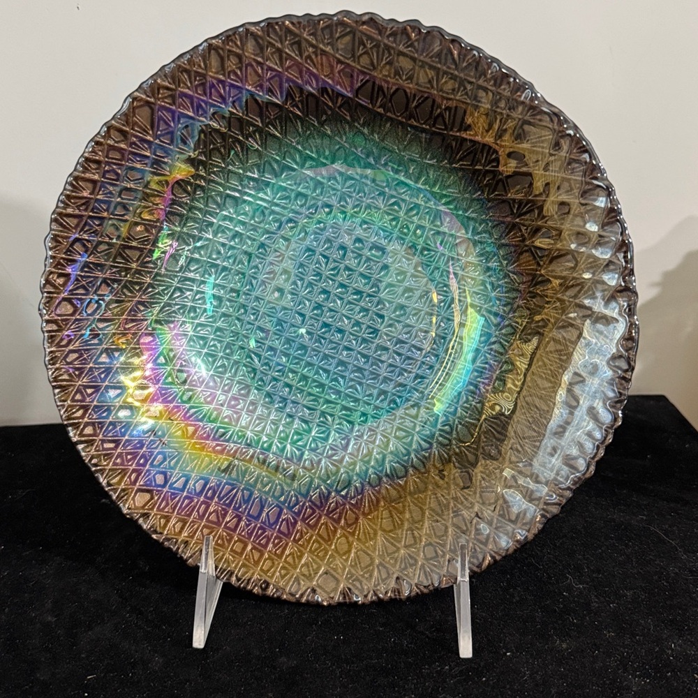 Art Glass Turkish Round Iridescent Multicolored Waffle Bowl 8.5”